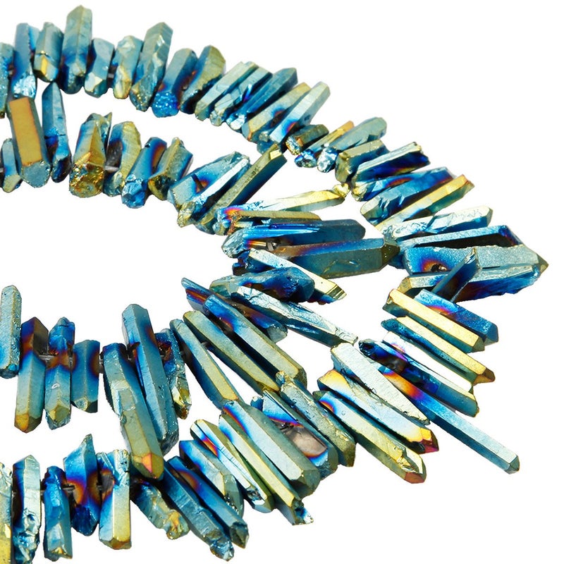 SUNYIK Blue/Gold Titanium Coated Crystal Points Quartz Rough Sticks Spikes Point Beads 15 inch Strand Drilled - Image 3